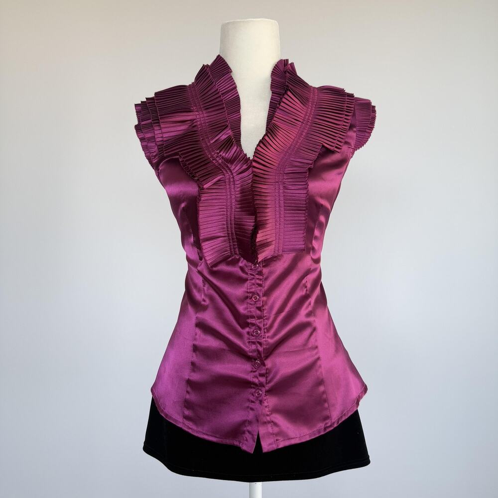 Twenty One Blouse Womens M Purple Satin Pleated Ruffle V Neck Cap Sleeve Top